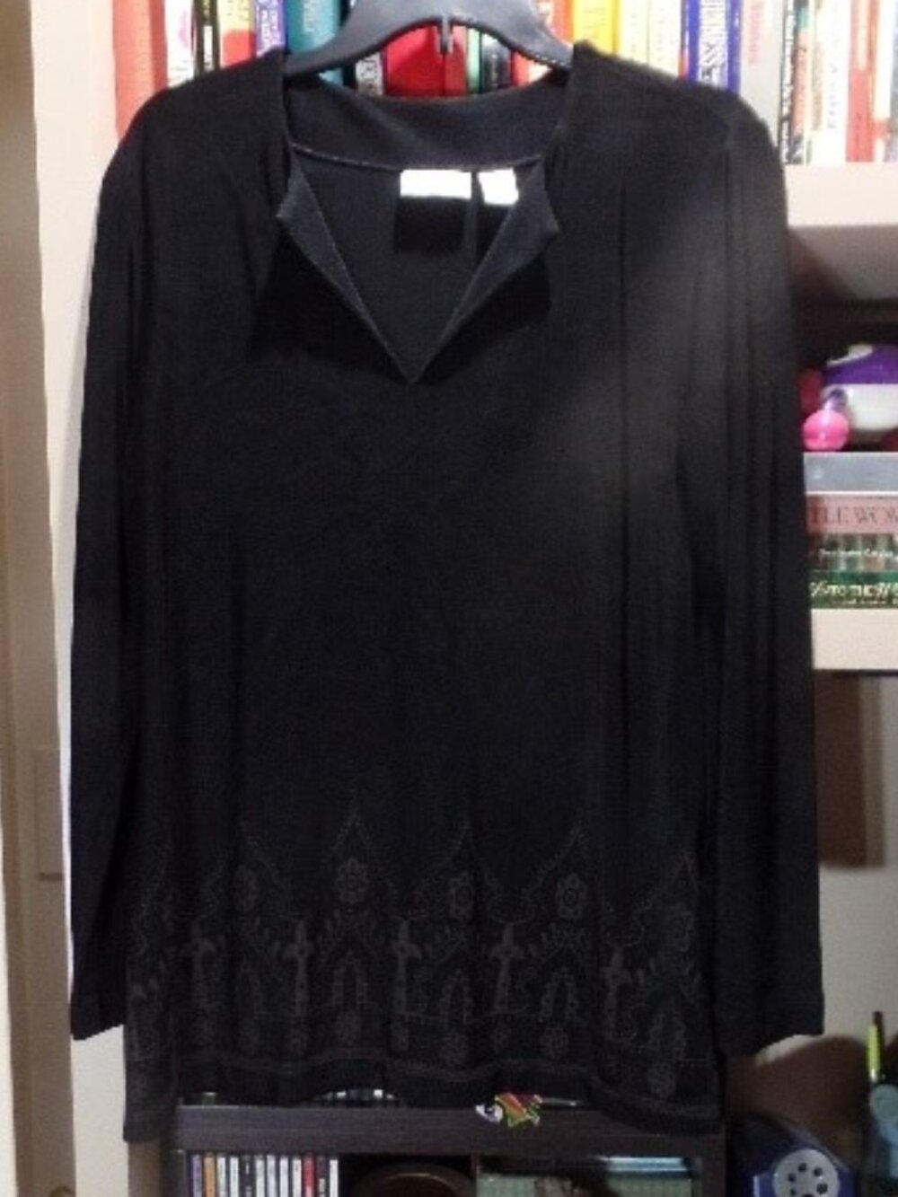 Chico's Black travelers long-sleeved top/tunic with taupe border design